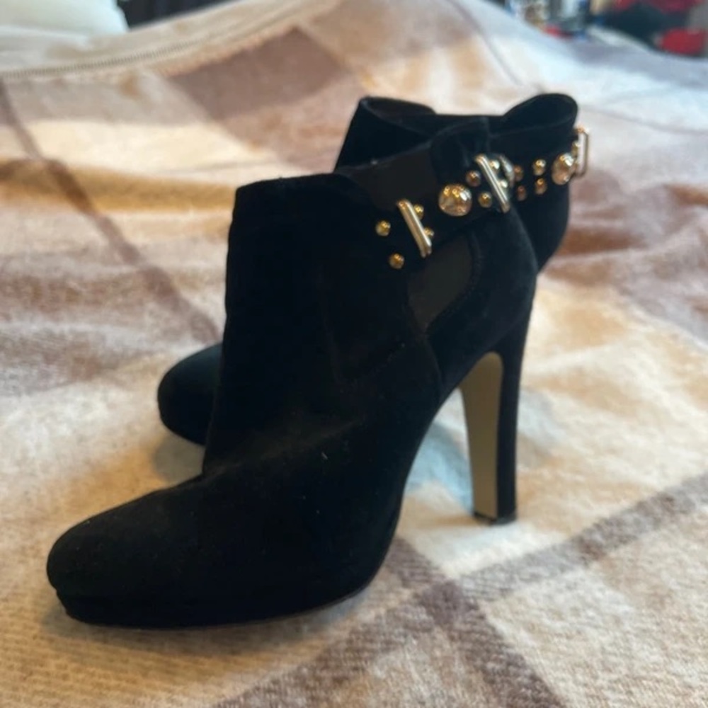 Elegant Black Suede Heeled Boots with Gold Buckles